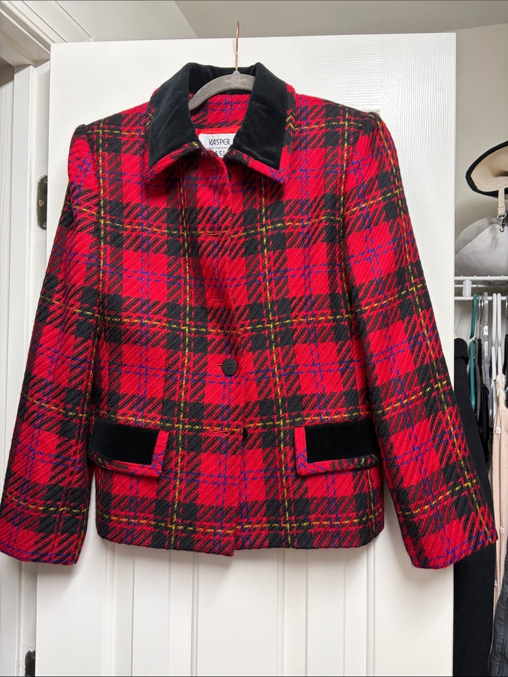 Kasper Red and Black Vintage Plaid Jacket with Velvet Black Trim